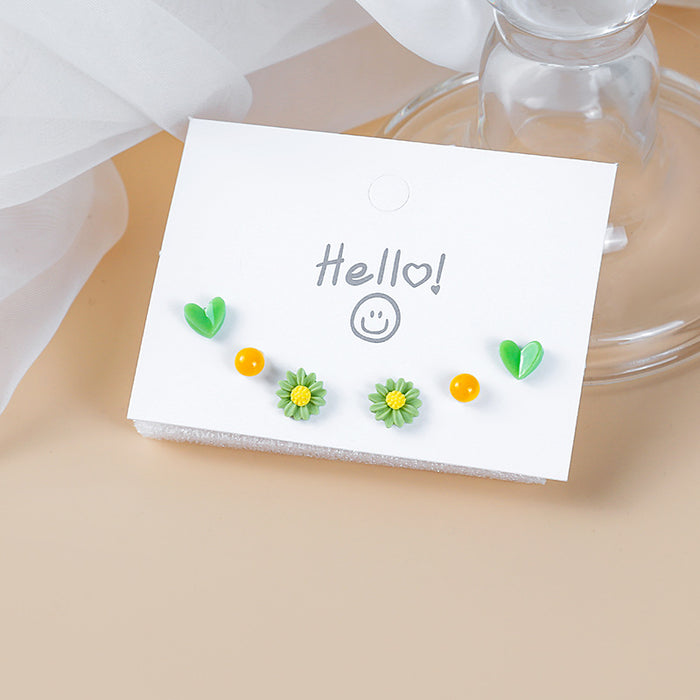 Green Heart Daisy Yellow Dot Stud Earring Set Three Pairs