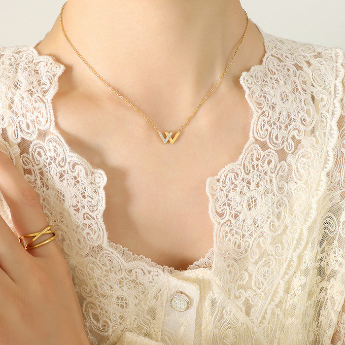 Letter W Pendant Necklace Pavé Zircon Cable Chain Gold Steel