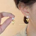 Gold Pearl Stud Brushed Heart Drop Earrings Dual Wear view 2