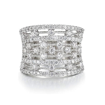 Silver Tone Openwork Wide Band Ring with Clear Stones