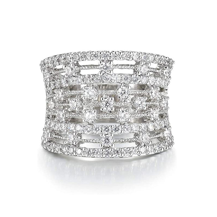Silver Tone Openwork Wide Band Ring with Clear Stones