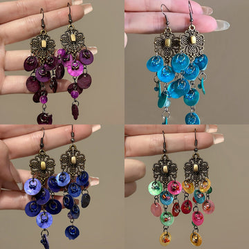 Antique Tone Colorful Sequin Drop Earrings with Reflective Details