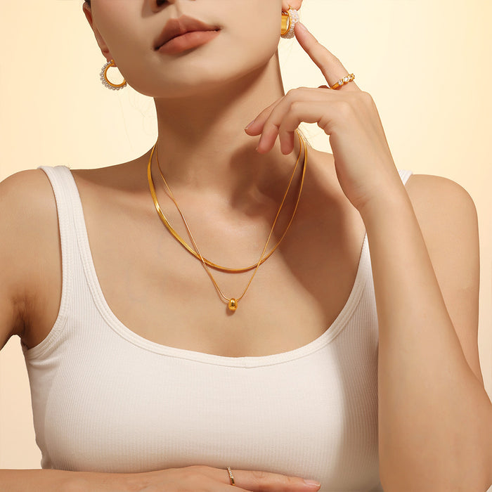Gold Steel Double Layer Herringbone Bead Drop Necklace