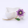 Enamel Daisy Flower Brooch Long Stem Green Leaf Gold Tone view 6