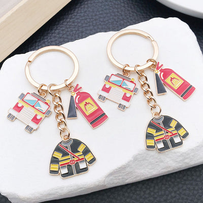 Main display of fire truck extinguisher uniform and helmet keychains
