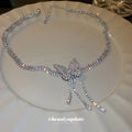 Silver Rhinestone Multi Row Butterfly Tassel Choker Necklace view 4