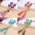 Jeweled Four-Leaf Clover Keychain with Twin Tassels and Gold Tone Ring view 2