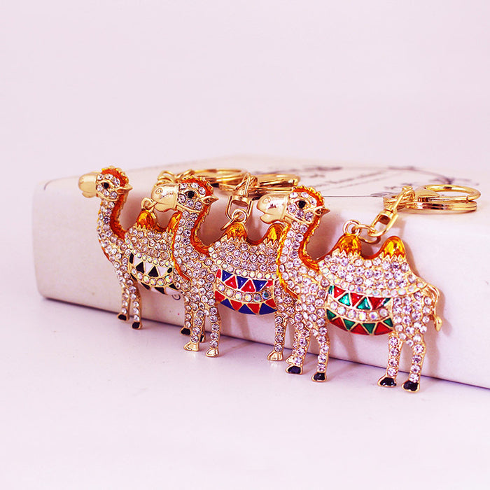 Gold-Tone Double-Hump Camel Keychain With Clear Faceted Accents