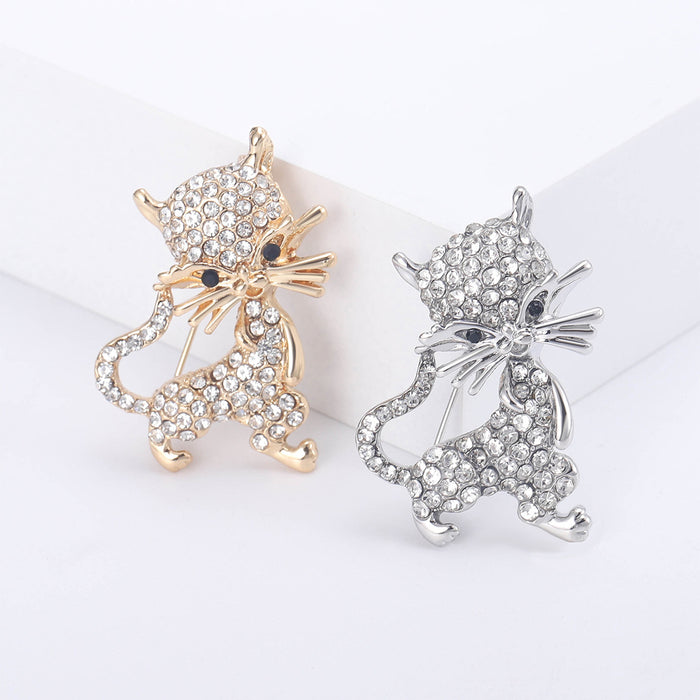 Standing Cat Crystal Brooch in Gold Tone or Silver Tone