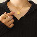 Gold Steel Engraved Geometric Cross Disc Pendant Necklace view 4