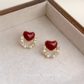 Gold Tone Burgundy Heart Stud Earrings Pearl Crystal Arc view 4