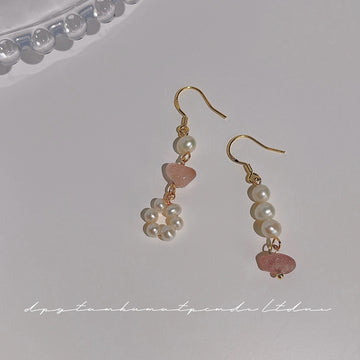 Gold Tone Pearl And Pink Chip Asymmetric Hook Earrings