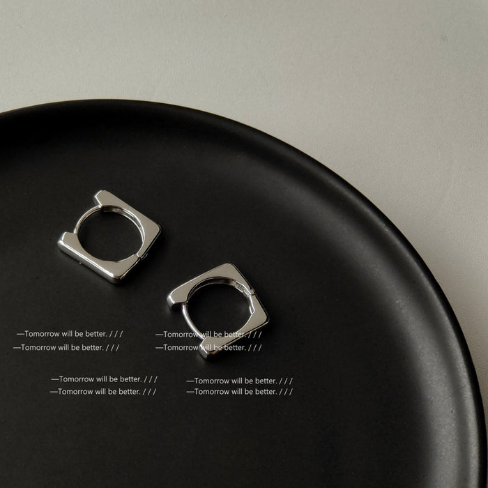 Silver Square Geometric Smooth Huggie Hoop Earrings Pair