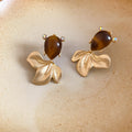 Brown Oval Petal Drop Stud Earrings With Decorative Metal Details view 6
