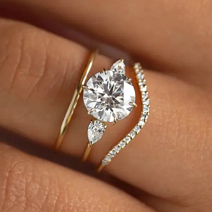 Gold Three-Piece Round Clear Stone Pear Side Stack Ring Set