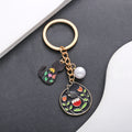 Black Cat Flower and Pearl Enamel Charm Keychain with Round Ring view 1