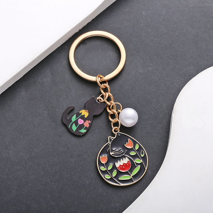 Black Cat Flower and Pearl Enamel Charm Keychain with Round Ring