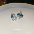 Blue Enamel Flower Stud Earrings With Pearl Drops Statement Pair view 2