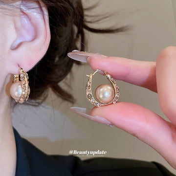 Gold Tone Pearl U Hoop Earrings with Crystal Borders