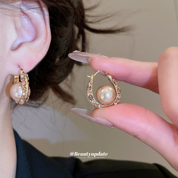 Gold Tone Pearl U Hoop Earrings with Crystal Borders
