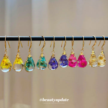 Pressed Flower Teardrop Hook Earrings in Five Colors