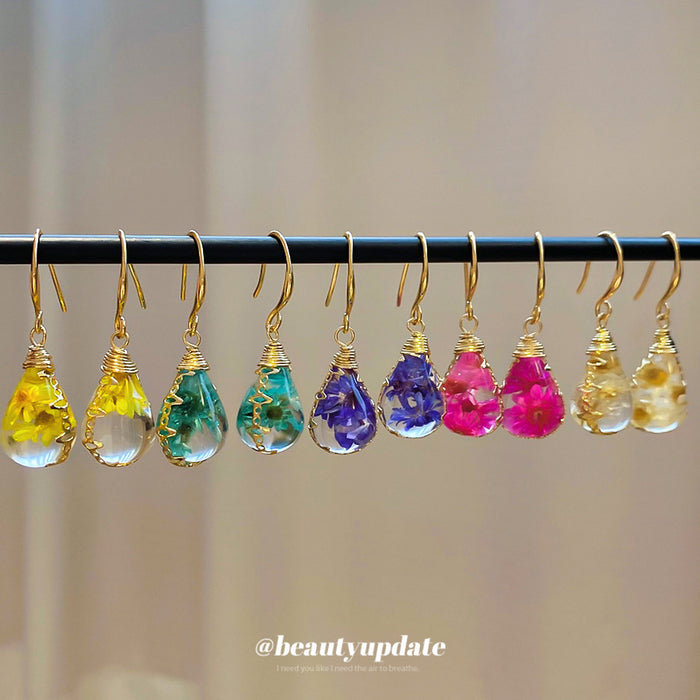 Pressed Flower Teardrop Hook Earrings in Five Colors