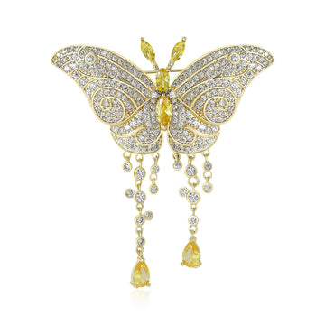 Crystal Butterfly Brooch with Two Beaded Tassels Clothing Pin