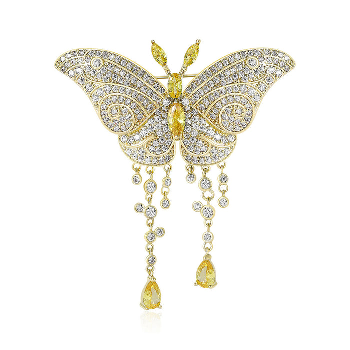 Crystal Butterfly Brooch with Two Beaded Tassels Clothing Pin
