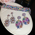 Multicolor Crystal Flower Drop Earrings And Wide Bracelet view 1