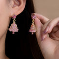Pink Crystal Look Star and Holiday Tree Dangle Earrings view 1