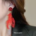 Red Translucent Fish Drop Clip Earrings with Round Stud Tops view 3