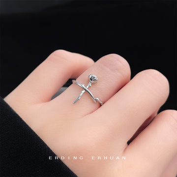 Silver Open Adjustable Rose Stem Crossing Band Ring