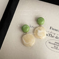 Green Round Stud Cream Marbled Oval Drop Earrings Pair view 1