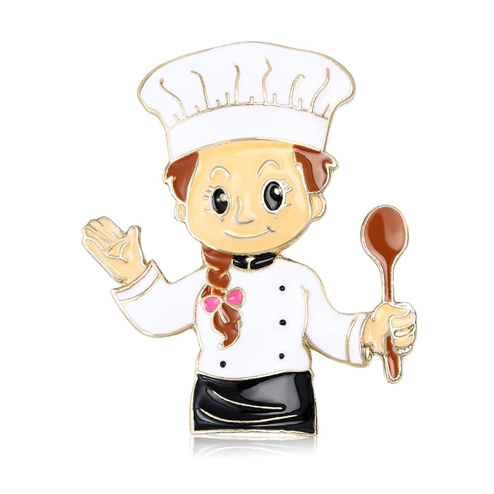 Waving Chef Enamel Brooch With White Hat and Wooden Spoon