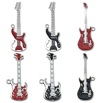 Colorful guitar and musical instrument charms arranged on a light background
