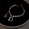 Silver Tone D Letter Charm Chain Bracelet With Clear Stones view 6