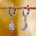 Silver Tone Star Moon CZ Mismatch Huggie Hoop Drop Earrings view 2