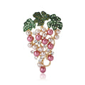Pink Pearl Grape Cluster Brooch Green Leaf Rhinestone Pin view 5