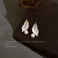 Gold Tone White Leaf And Pearl Accent Stud Earrings For Women view 4