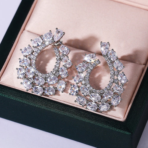 Silver Tone Open Floral Wreath Stone Stud Earrings shown in front view
