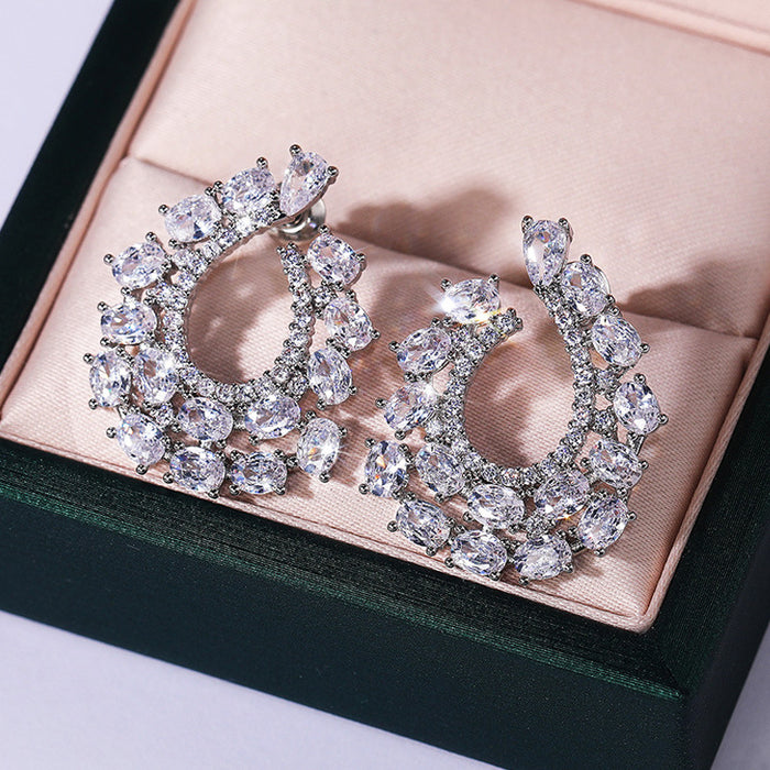 Silver Tone Open Floral Wreath Stone Stud Earrings
