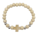 Natural Wood Bead Cross Stretch Bracelet Silver Spacers view 5