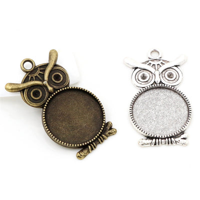 Owl Round Cabochon Pendant Bases in Bronze and Silver shown in a grouped front view