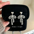 Silver Heart Stud Pearl Zircon Lace Bow Drop Earrings view 1