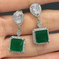 Silver-Tone Green Rectangular Crystal Drop Earrings view 2
