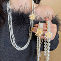 Layered White Pearl Look Necklace with Cream Rose Centerpiece view 1