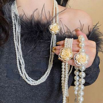 Layered White Pearl Look Necklace with Cream Rose Centerpiece