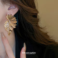 Gold Tone Textured Leaf Statement Earrings Decorative Jewelry view 3