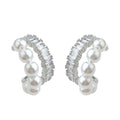 Silver Tone Pearl Row And Clear Stone Double C Hoop Earrings view 5
