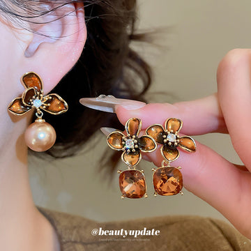 Amber Flower Stud Earrings With Pearl or Crystal Drops
